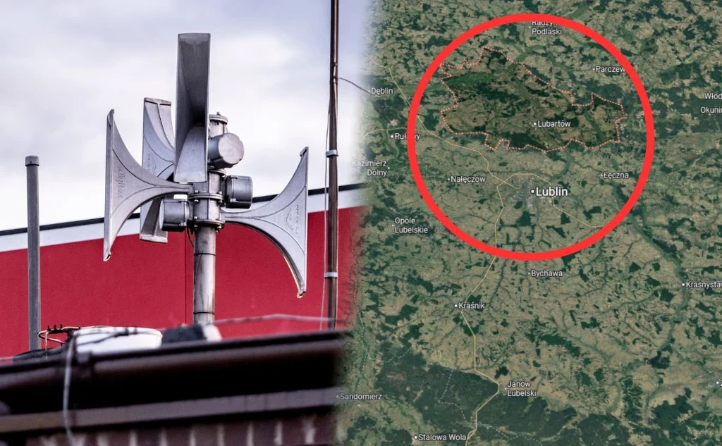 Zamieszanie po alarmie w powiecie lubartowskim. Powodem atak w Ukrainie Syrena alarmowa zamontowana na budynku obok fragmentu mapy z zaznaczonym czerwonym okręgiem wokół Lublina.