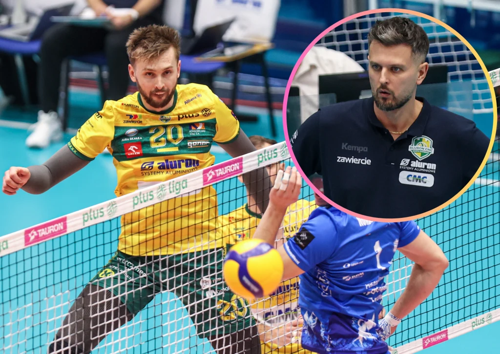 Mateusz Bieniek był gwiazdą drużyny Michała Winiarskiego Dwóch zawodników podczas meczu siatkówki walczy o piłkę nad siatką. Zawodnik w żółtym stroju wykonuje dynamiczną akcję. W prawym górnym rogu wstawka z wizerunkiem mężczyzny w granatowej koszulce z logotypami sponsorskimi.