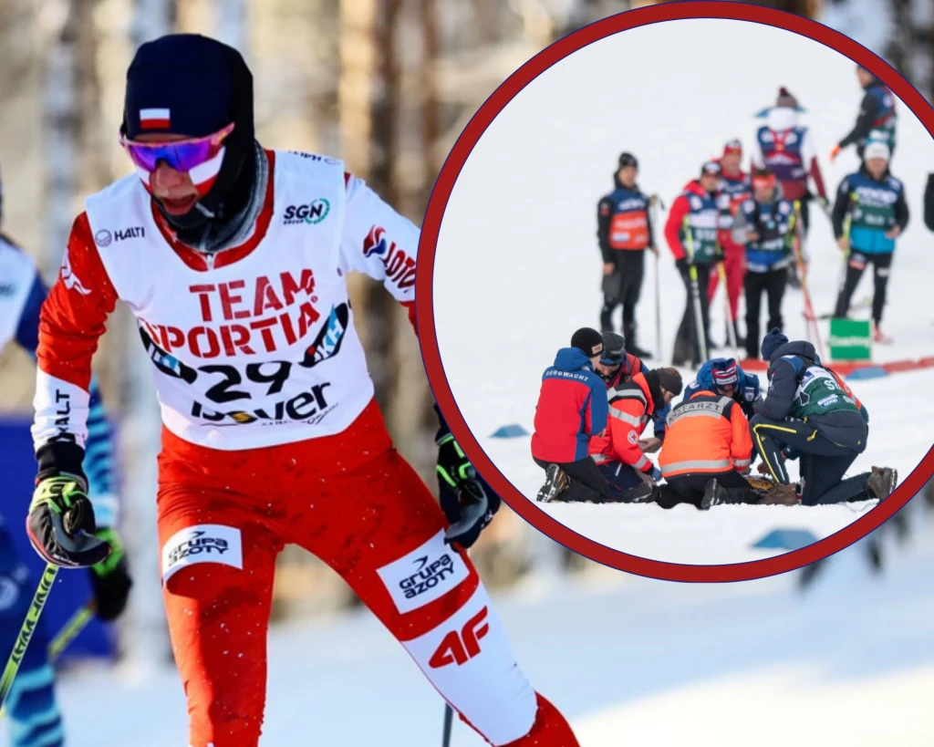 Eliza Rucka-Michałek w 2019 roku, a w ramce akacja medyczna z 2020 roku Zawodnik reprezentujący Polskę w narciarstwie biegowym podczas wyścigu, w tle fragment trasy i zamazane sylwetki innych uczestników. W okrągłym powiększeniu widoczna grupa osób udzielająca pomocy leżącemu sportowcowi.