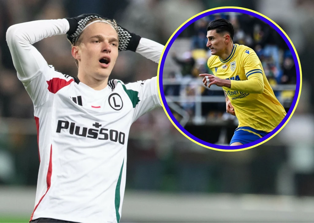 Zwycięstwo Arki z Motorem Lublin strąciło Legię do strefy spadkowej Piłkarz w białym stroju z logiem Plus500 trzyma dłonie na głowie w geście rozczarowania. W prawym górnym rogu okrągła wstawka przedstawiająca drugiego zawodnika w żółtej koszulce podczas biegu.