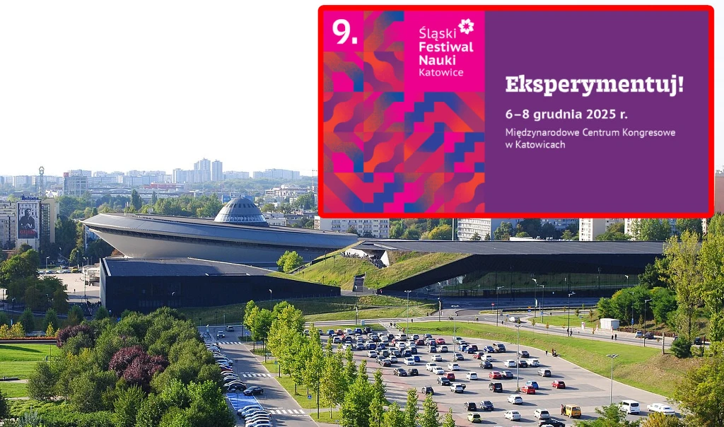 9. Śląski Festiwal Nauki Katowice zaczął się dzisiaj. Na uczestników czekają setki darmowych wydarzeń Widok na Spodek i Międzynarodowe Centrum Kongresowe w Katowicach z parkingiem pełnym samochodów, w prawym górnym rogu kolorowy baner promujący Śląski Festiwal Nauki Katowice 2025 z hasłem 'Eksperymentuj!' oraz informacją o dacie i miejscu wydarzenia.