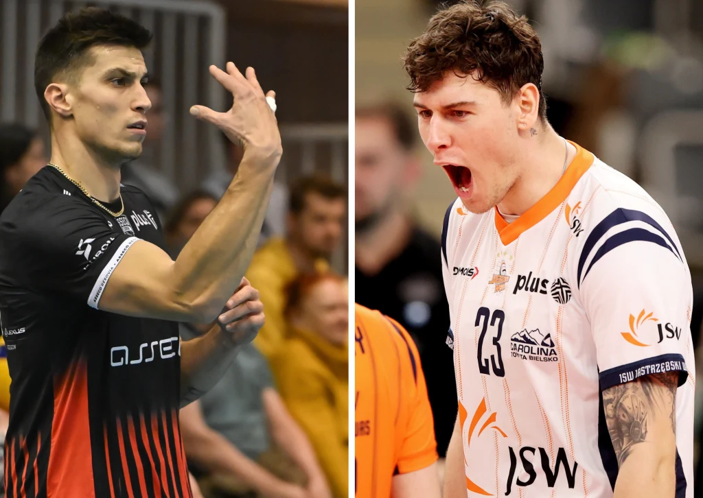 Asseco Resovia Rzeszów po raz kolejny miała problemy z JSW Jastrzębskim Węglem Dwóch siatkarzy w różnych strojach klubowych podczas meczu, po lewej stronie zawodnik wykonujący gest ręką, po prawej sportowiec w emocjonalnym okrzyku, w tle widoczni kibice.