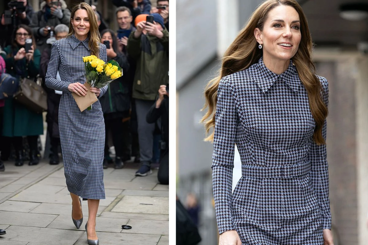 Kobieta w eleganckiej długiej sukience w kratkę idzie ulicą z bukietem żółtych kwiatów i kopertą, wokół niej znajduje się grupa fotografów oraz przechodniów, po jej prawej stronie widok na jej uśmiechniętą twarz oraz rozpuszczone włosy.