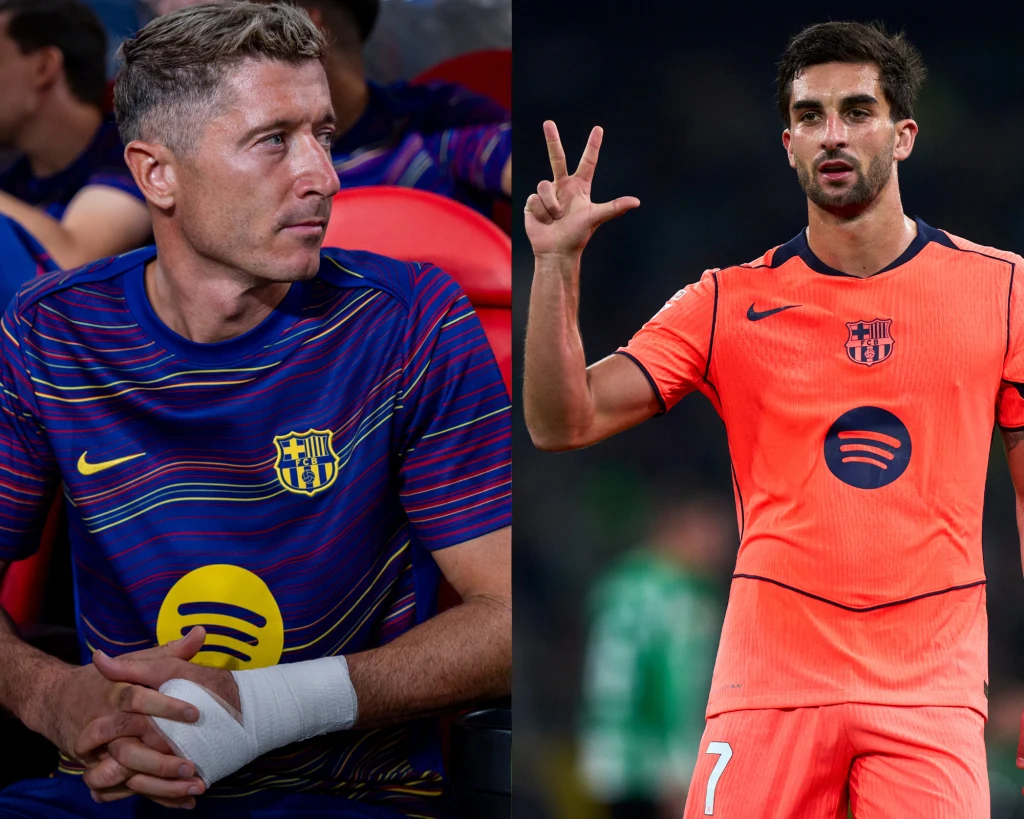 Robert Lewandowski i Ferran Torres Po lewej stronie doświadczony piłkarz w pasiastym granatowo-bordowym stroju z opatrunkiem na dłoni siedzi na ławce, po prawej młody zawodnik w pomarańczowym komplecie z podniesioną ręką prezentuje gest liczbowy. Obaj noszą stroje z herbem FC Barcelony ...