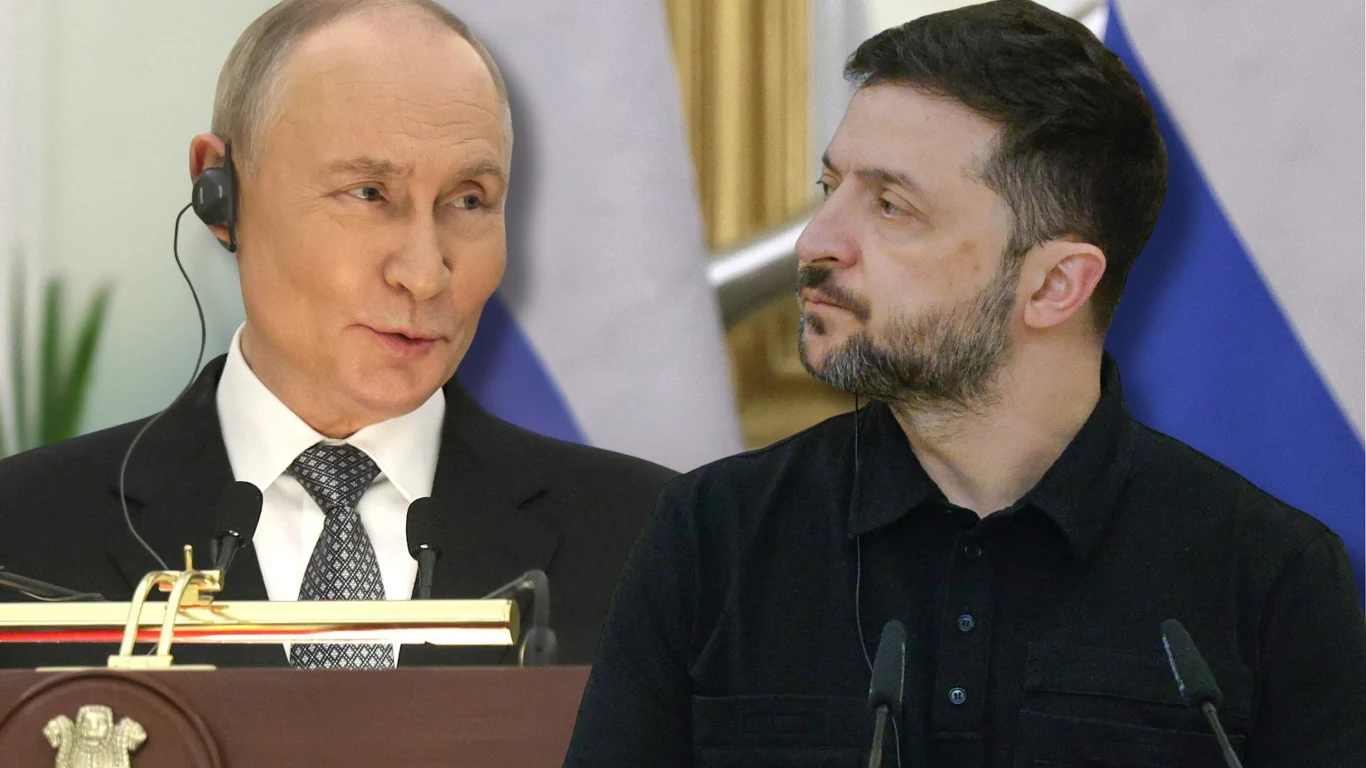 Władimir Putin i Wołodymyr Zełenski Dwóch mężczyzn w średnim wieku zwróconych w swoją stronę, stojących przed mikrofonami, za nimi flagi narodowe w barwach bieli, niebieskiego i czerwieni, sugerujące oficjalny charakter spotkania lub wydarzenia.