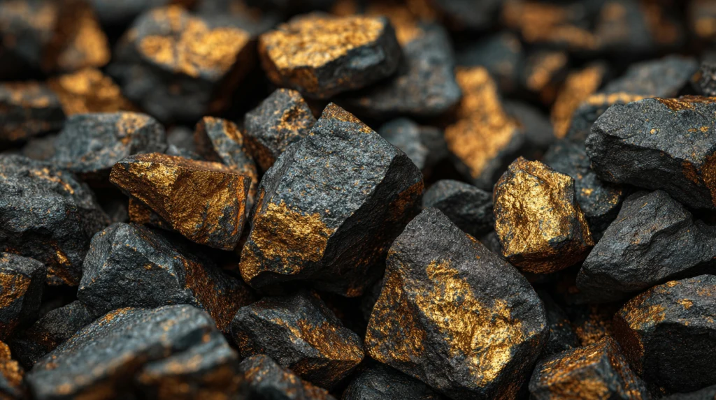 Węgiel i ekologia zwykle stoją po dwóch stronach barykady – chyba że mówimy o błękitnym węglu. Kamienie o ciemnej powierzchni z wyraźnymi, złotymi fragmentami i refleksami, ułożone w zwartą grupę, tworząc efektowną kompozycję kolorystyczną i fakturalną.