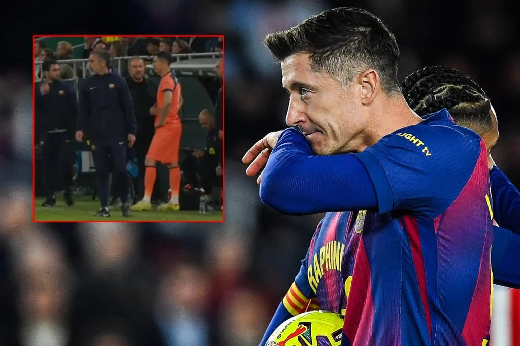 Piłkarz w koszulce Barcelony obejmujący piłkę i ocierający twarz, w tle rozmyty stadion z publicznością. W rogu zdjęcia wstawka ukazująca kilka osób w strojach sportowych na boisku, z jedną osobą w pomarańczowym stroju.