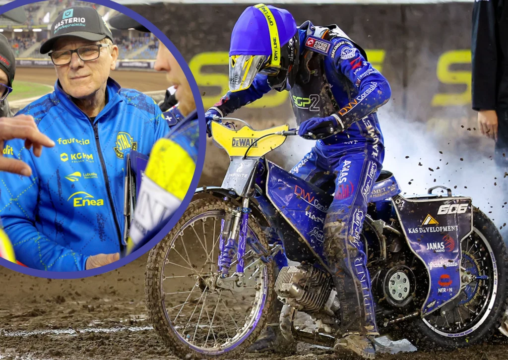 Stanisław Chomski nie powołał Oskara Palucha do kadry na 2026. Gorzów aż huczy od plotek. Zawodnik żużlowy w niebieskim kombinezonie i kasku przygotowuje się do startu na motocyklu na torze żużlowym, wokół unosi się dym spod tylnego koła. W okrągłym wstawieniu starszy mężczyzna w okularach, ubrany w niebieską kurtkę drużynową, otoczony prze...