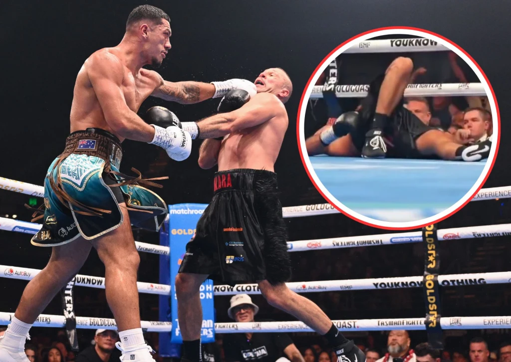 Jai Opetaia (z lewej) w momencie nokautu, Huseyin Cinkara w taki sposób runął na deski Dwóch bokserów w ringu, jeden z nich zadaje potężny cios drugiemu, który upada na deski. W powiększonym fragmencie pokazano leżącego zawodnika, otoczonego przez sędziów i publiczność.