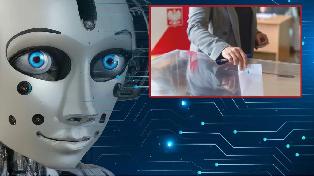AI zagraża demokracji? Czatboty przekonują wyborców z Polski, USA i Kanady skuteczniej niż spoty wideo Duży robot o ludzkich rysach twarzy z niebieskimi oczami umieszczony na tle cyfrowych połączeń. W prawym górnym rogu osoba w garniturze wrzuca kartę do przezroczystej urny wyborczej. W tle urny widoczny godło Polski.