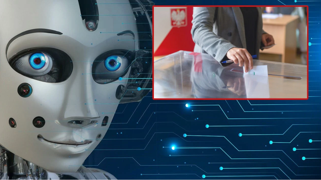 AI zagraża demokracji? Czatboty przekonują wyborców z Polski, USA i Kanady skuteczniej niż spoty wideo Duży robot o ludzkich rysach twarzy z niebieskimi oczami umieszczony na tle cyfrowych połączeń. W prawym górnym rogu osoba w garniturze wrzuca kartę do przezroczystej urny wyborczej. W tle urny widoczny godło Polski.