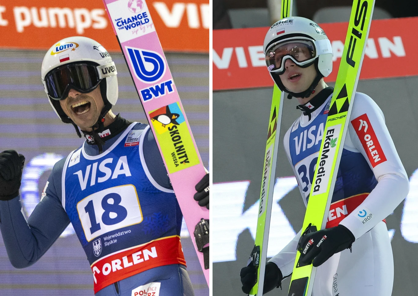 Piotr Żyła (L) i Kacper Tomasiak (P) uplasowali się w czołowej dziesiątce konkursu w Wiśle Dwóch skoczków narciarskich w strojach sportowych oraz kaskach, trzymających narty z widocznymi sponsorami na kamizelkach. Obaj wyrażają emocje po zakończeniu skoku, jeden z nich unosi zaciśniętą pięść w geście radości.