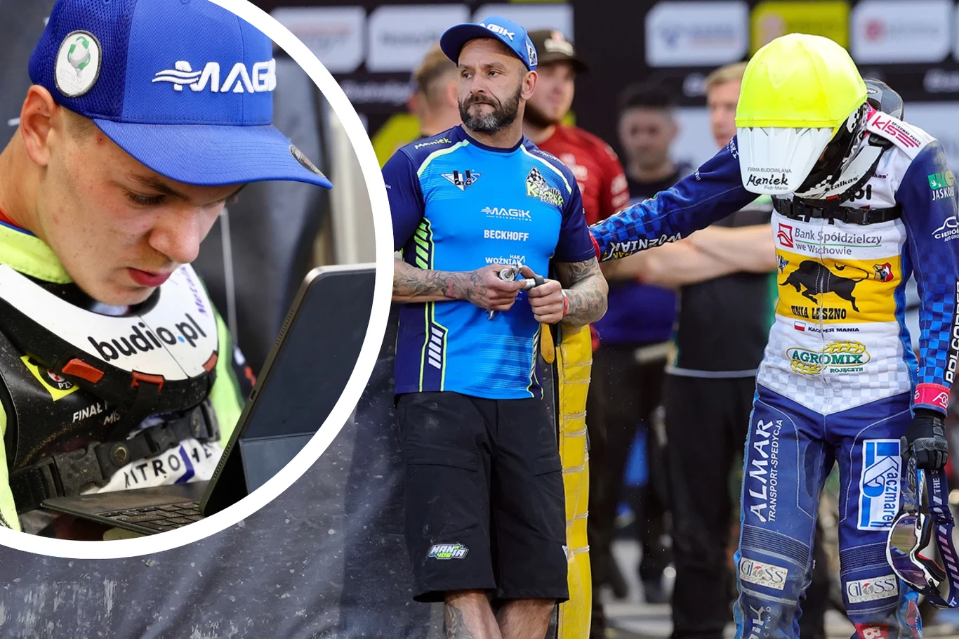 Kacper Mania rozstał się z Łukaszem Jankowskim. "Nic dobrego to nie wróży" Zawodnik żużlowy w żółtym kasku i kombinezonie stoi obok członka zespołu technicznego, który ubrany jest w niebieską koszulkę i granatowe spodenki. W tle widoczni inni członkowie ekipy oraz publiczność. Po lewej stronie widoczna jest wstawka zbliżenia ...