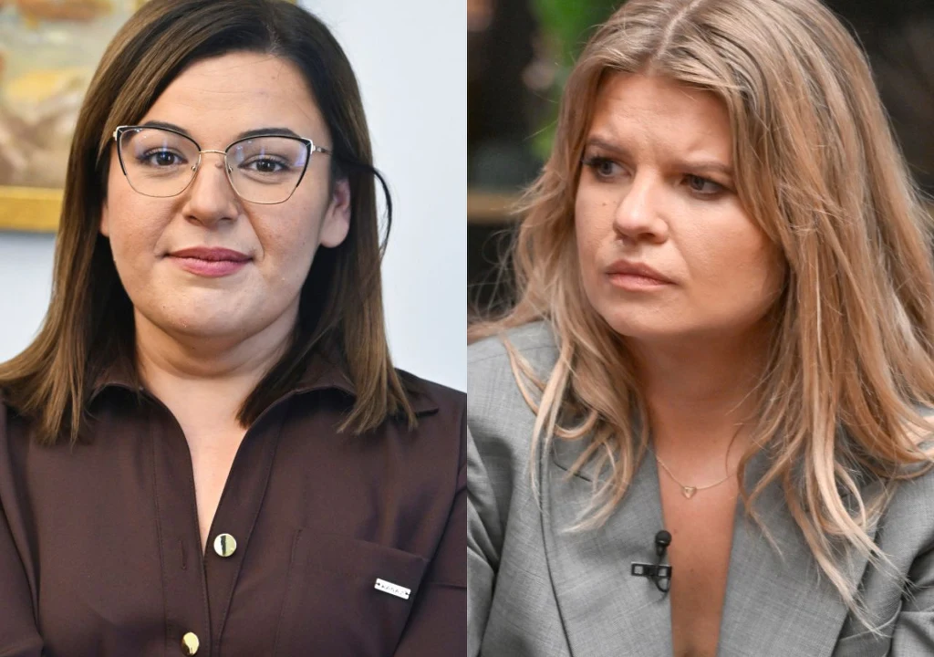 Dwie kobiety sfotografowane w ujęciu portretowym, każda na osobnej części kadru. Po lewej stronie kobieta w okularach i ciemnej koszuli, po prawej kobieta o blond włosach w szarej marynarce.