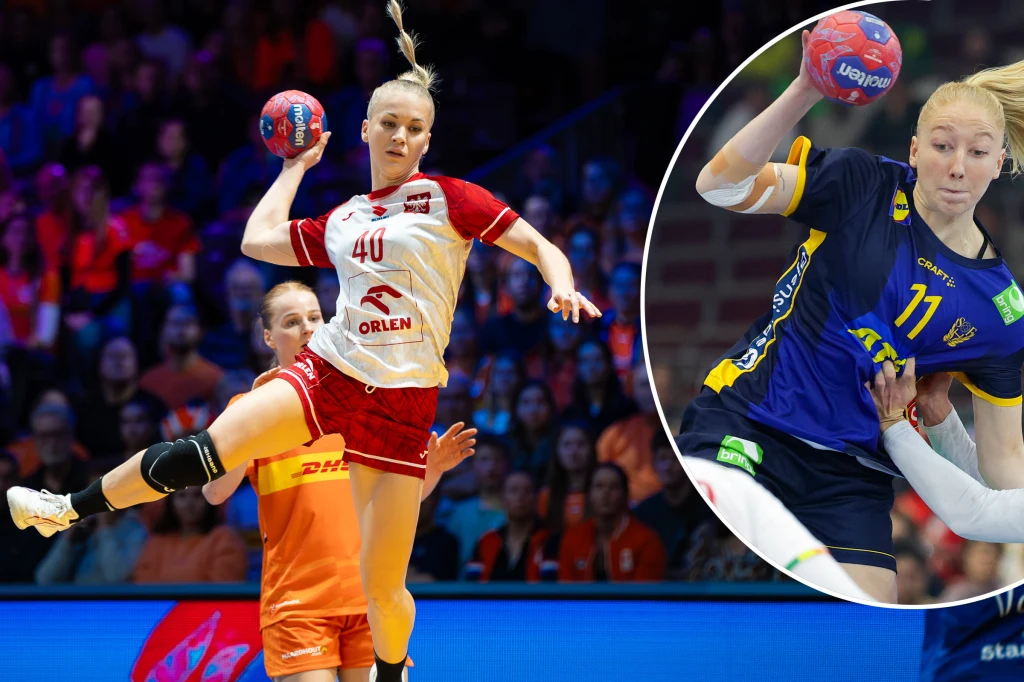 Polska (na zdjęciu Daria Michalak) może zająć wyższe miejsce w MŚ niż Szwecja (z prawej Tyra Axner) Zawodniczki piłki ręcznej w trakcie dynamicznej akcji podczas meczu, sportowa rywalizacja, skupienie na jednej z zawodniczek wykonującej rzut oraz wstawione zbliżenie jej sylwetki podczas gry w innym stroju.