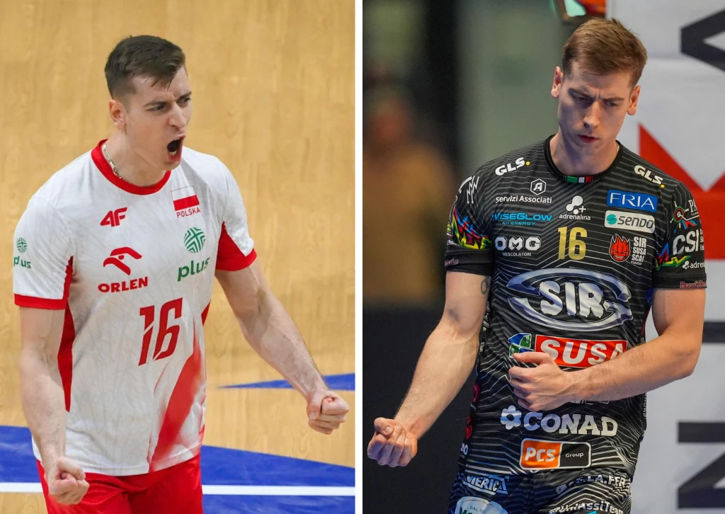 Kamil Semeniuk to ważna postać reprezentacji Polski (L) i Sir Susa Scai Perugia (P) Dwie fotografie sportowca w różnych strojach siatkarskich, po lewej w białoczerwonym uniformie reprezentacji Polski, po prawej w czarnym stroju klubowym, obie ujęcia ukazują silną emocję i gest triumfu.