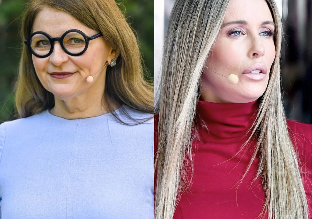 Irena Kamińska-Radomska i Małgorzata Rozenek-Majdan Dwie kobiety stojące obok siebie, każda z mikrofonem nagłownym, po lewej kobieta w okrągłych okularach i jasnoniebieskiej bluzce, po prawej kobieta o długich blond włosach w czerwonym golfie.