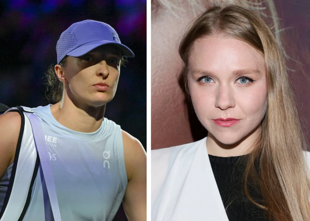 Iga Świątek i Maja Staśko Dwie kobiety, jedna w stroju sportowym z czapką i poważnym wyrazem twarzy, druga elegancko ubrana z długimi blond włosami, lekko uśmiechnięta, na neutralnym tle.