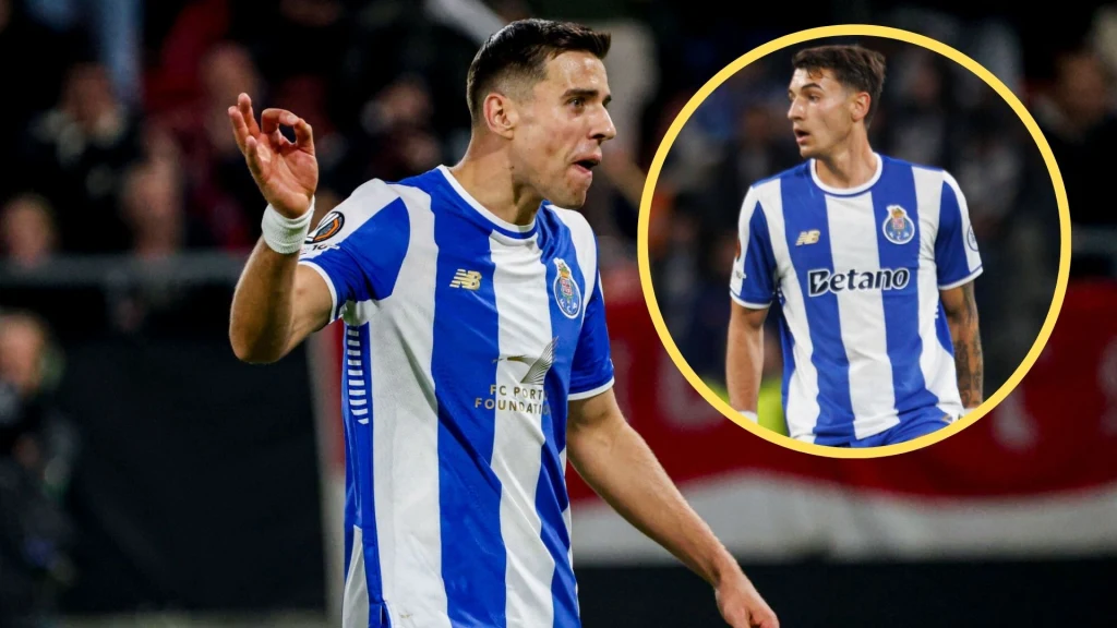 Piłkarz w biało-niebieskiej koszulce FC Porto wyraża emocje podczas meczu, na pierwszym planie gestykuluje ręką, w żółtym okręgu dodatkowo uwydatniono innego piłkarza tej samej drużyny.