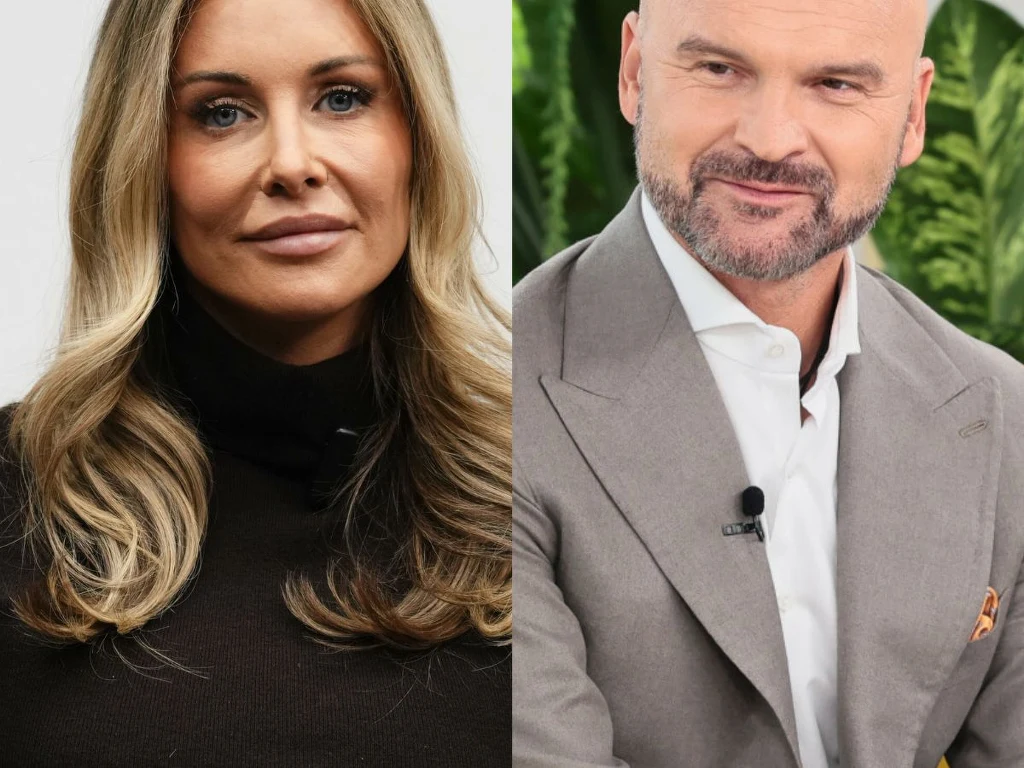 Małgorzata Rozenek, Rafał Brzoska Dwie osoby na podzielonym zdjęciu, kobieta z długimi blond włosami w ciemnym swetrze po lewej stronie oraz mężczyzna z krótkimi jasnymi włosami w jasnej marynarce po prawej stronie, na tle roślin.