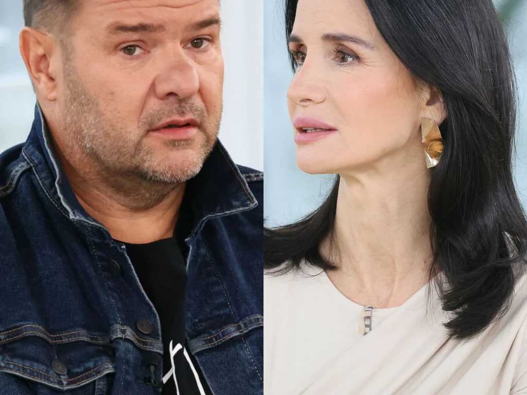 Tomasz Karolak, Violetta Kołakowska Dwa portrety, po lewej stronie mężczyzna w ciemnej kurtce dżinsowej, po prawej kobieta z długimi, czarnymi włosami, ubrana w jasną bluzkę, skierowani do siebie profilami.