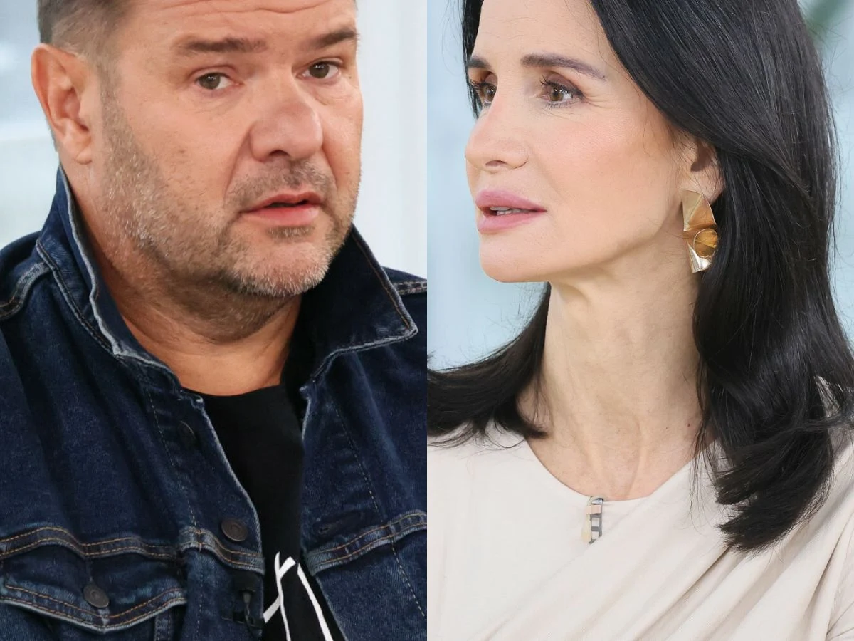 Tomasz Karolak, Violetta Kołakowska Dwa portrety, po lewej stronie mężczyzna w ciemnej kurtce dżinsowej, po prawej kobieta z długimi, czarnymi włosami, ubrana w jasną bluzkę, skierowani do siebie profilami.