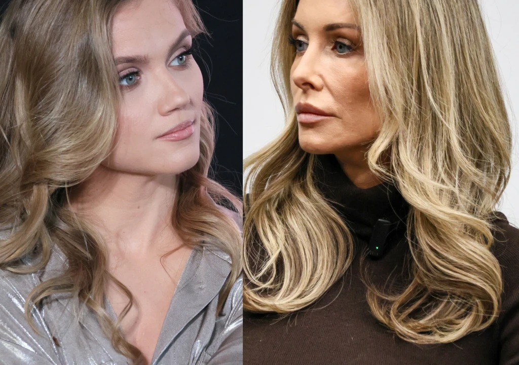 Dwie kobiety z długimi, falowanymi blond włosami, pierwsza w jasnej bluzce patrzy w lewo, druga w ciemnej bluzce patrzy na wprost. Stylizacja włosów i makijaż są starannie wykonane, tło ciemne i neutralne.