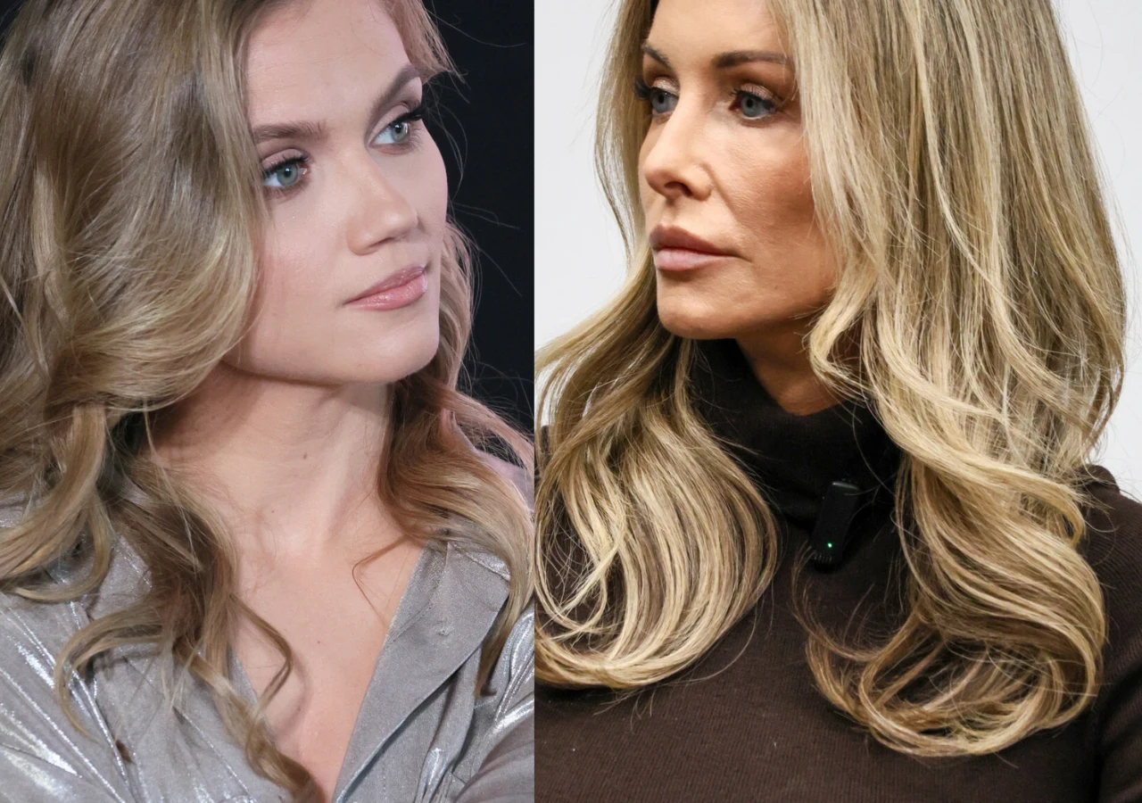 Agnieszka Kaczorowska, Małgorzata Rozenek-Majdan Dwie kobiety z długimi, falowanymi blond włosami, pierwsza w jasnej bluzce patrzy w lewo, druga w ciemnej bluzce patrzy na wprost. Stylizacja włosów i makijaż są starannie wykonane, tło ciemne i neutralne.