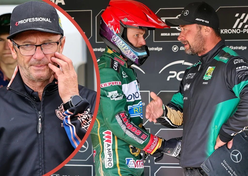 Kolaż z dwóch ujęć: po lewej stronie mężczyzna w okularach i czapce z daszkiem, trzymający rękę przy twarzy, po prawej dwóch mężczyzn, jeden w sportowym kombinezonie i kasku do żużla, drugi ubrany w kurtkę drużynową, ściskają sobie dłonie podczas rozmo...