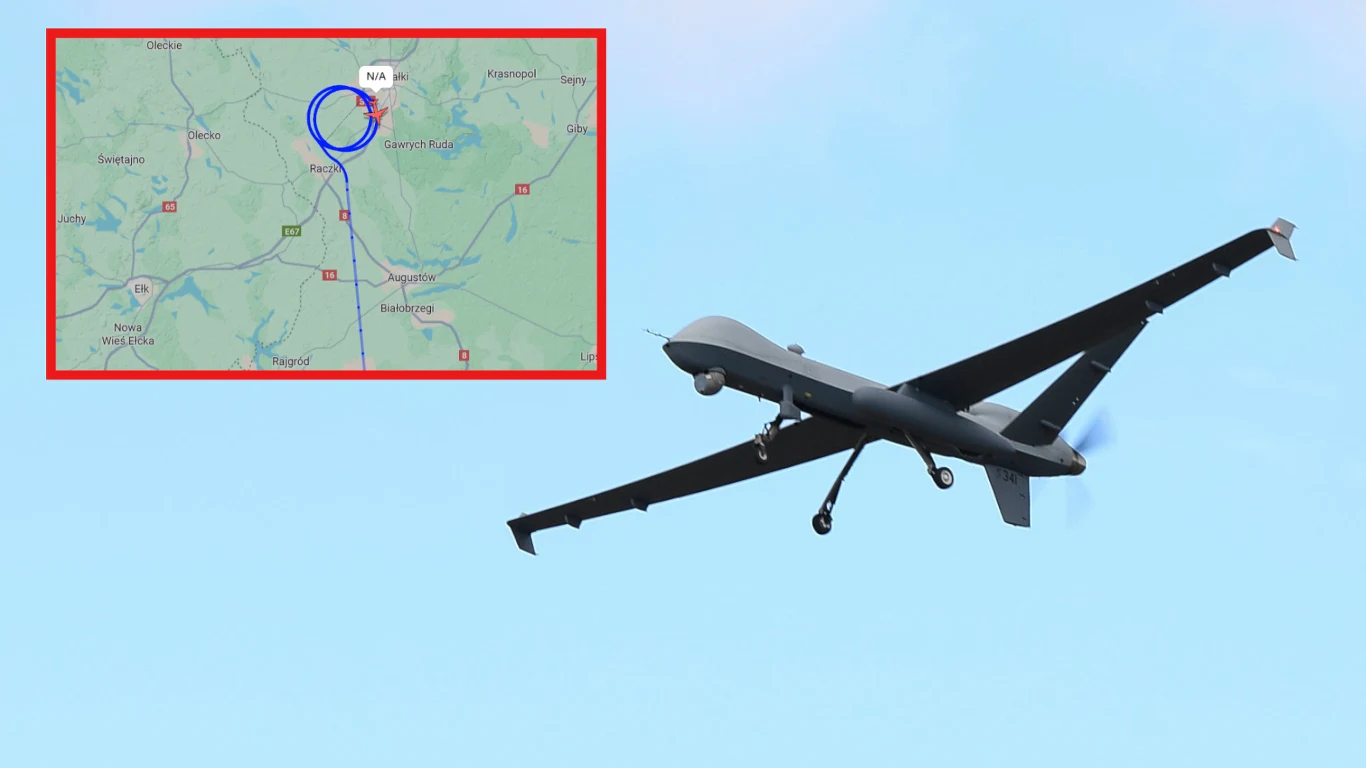 Nieznany obiekt przeleciał nad Suwałkami. To element działań NATO Bezzałogowy dron w locie na tle jasnego nieba, w lewym górnym rogu widoczna mapa z wyraźnie zaznaczonym okręgiem, wskazującym konkretną lokalizację.