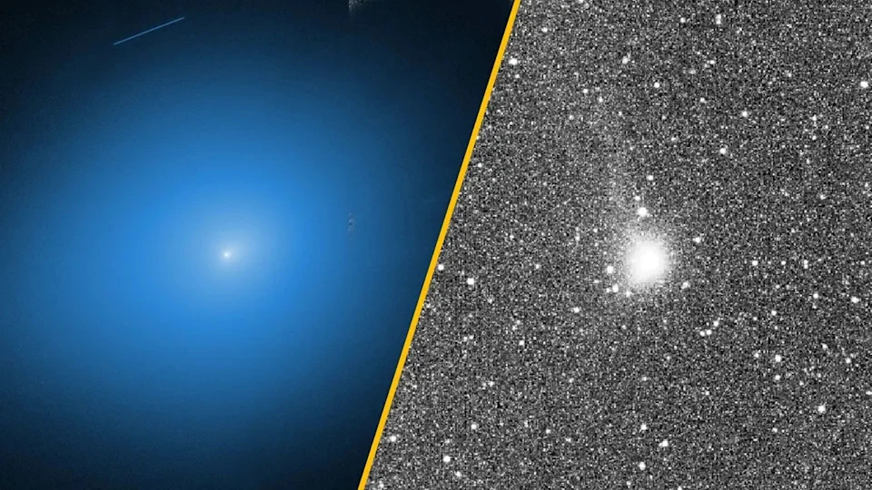 Porównanie kolorowego obrazu jasnego obiektu astronomicznego na niebieskim tle z obrazem w skali szarości ukazującym ten sam obiekt w otoczeniu wielu gwiazd.