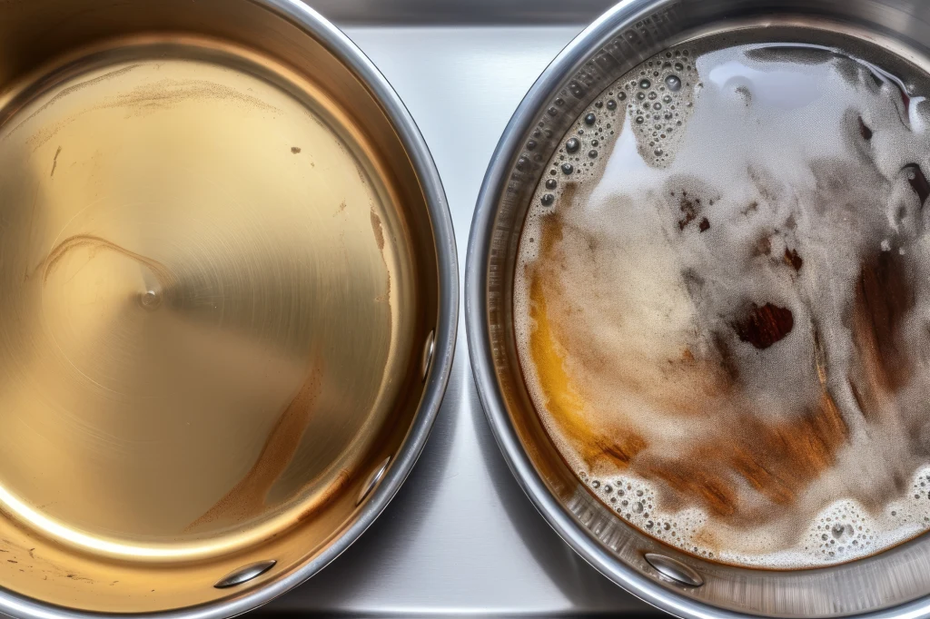 Nie spisuj brudnego garnka na straty. Torebki herbaty go doczyszczą Dwa stalowe garnki ustawione obok siebie, jeden z czystą przezroczystą cieczą, drugi z ciemniejszą cieczą pokrytą pianą.