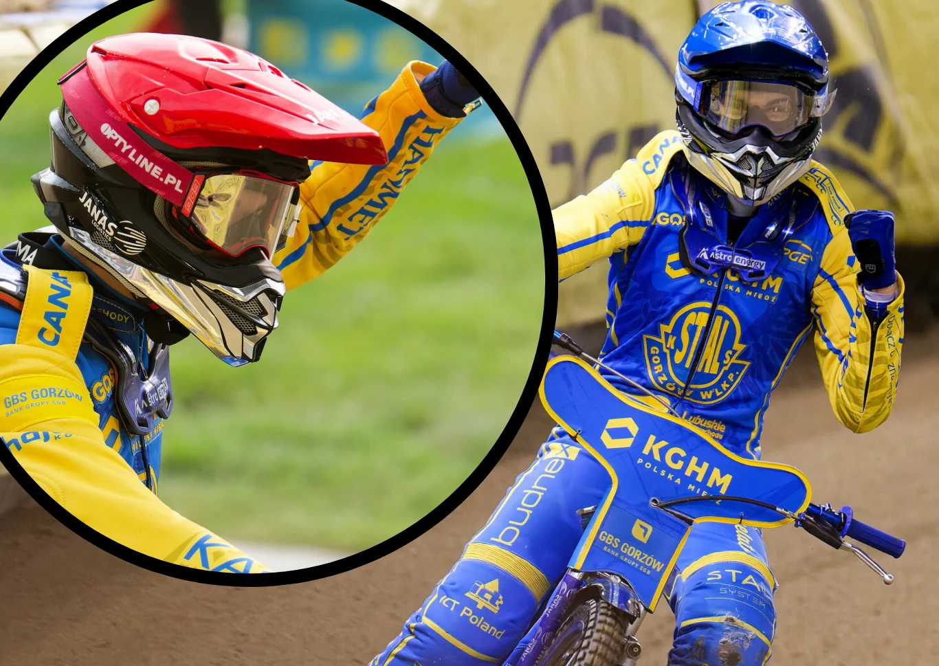 Oskar Paluch ma powody do radości. Właśnie wszedł do elitarnego grona milionerów. Zawodnik żużlowy w niebiesko-żółtym kombinezonie z logo drużyny, unoszący rękę w geście triumfu po wyścigu, na motocyklu sportowym. Wstawka okrągła pokazująca zbliżenie innego zawodnika w czerwonym kasku.