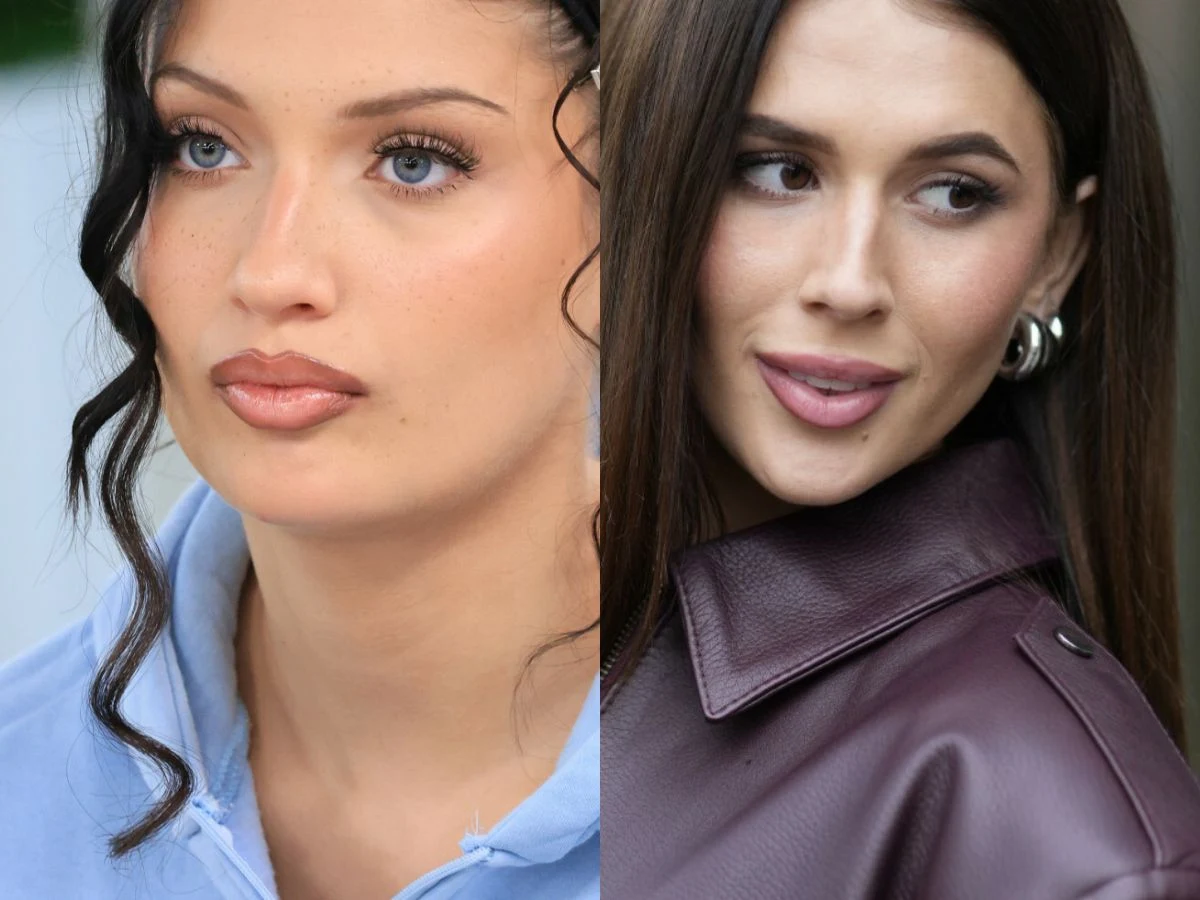 Viki Gabor, Roksana Węgiel Dwie młode kobiety z długimi włosami, jedna ubrana w jasnoniebieską bluzę z kapturem i z delikatnym makijażem, druga w bordowej skórzanej kurtce, nosząca srebrne kolczyki i uśmiechająca się subtelnie.