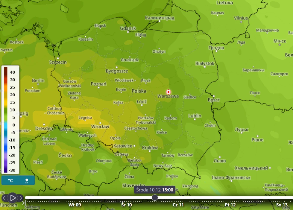 Środa będzie najcieplejszym dniem tygodnia. Miejscami nawet +14 st. C Kolorowa mapa pogodowa Polski z zaznaczonymi większymi miastami, przedstawiająca rozkład temperatur powietrza według skali kolorystycznej. Najcieplejsze regiony oznaczone odcieniami żółci w okolicach Wrocławia i Poznania, chłodniejsze fragmenty oznaczo...