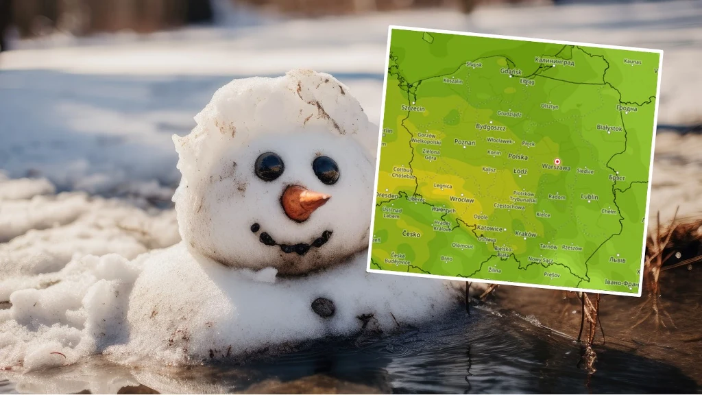 Co za grudzień! Na zachodzie nawet 14 stopni Celsjusza, zamiast śniegu deszcz i spacery Bałwanek zaczyna się topić na śniegu, wokół niego pojawiają się kałuże roztopionej wody. W prawym górnym rogu znajduje się niewielka mapa pogodowa Polski, pokazująca temperatury powyżej zera.