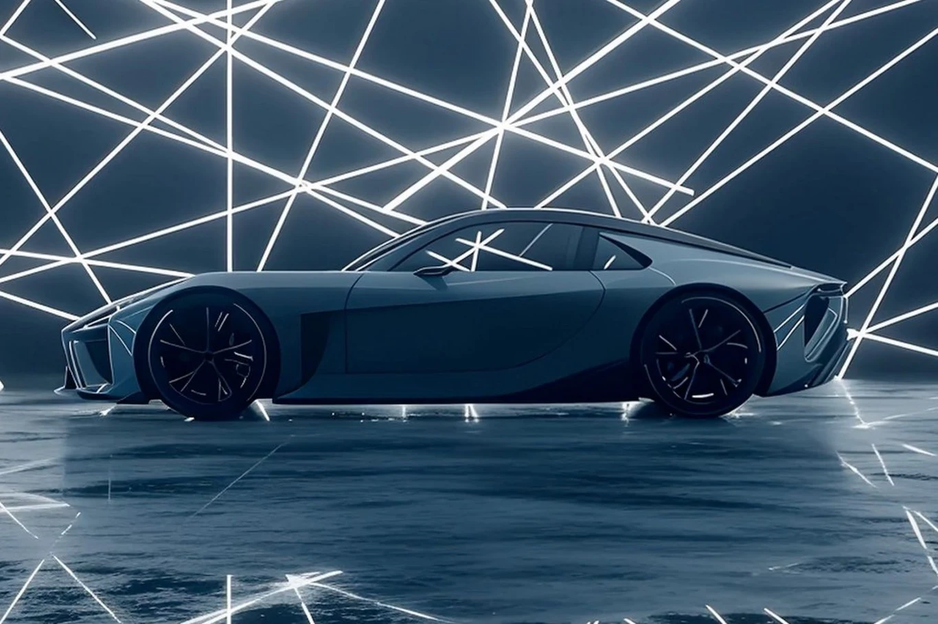 Nowoczesny sportowy samochód o aerodynamicznym kształcie ustawiony na błyszczącej powierzchni, w tle dynamiczne linie świetlne tworzące futurystyczną atmosferę.