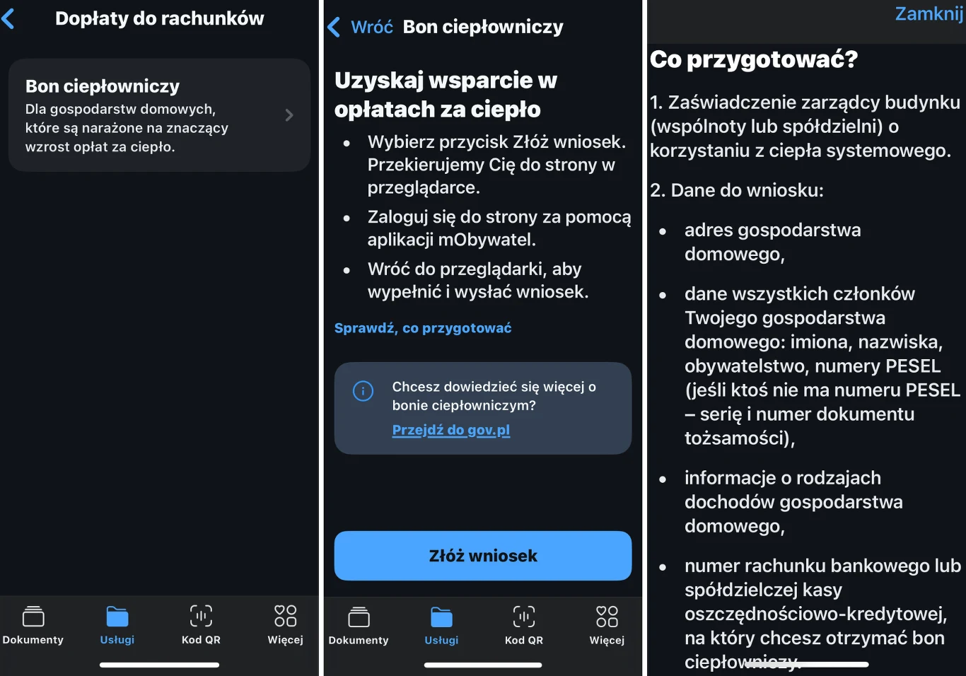 Ekrany aplikacji mobilnej dotyczące wsparcia finansowego na pokrycie kosztów wzrostu opłat za ogrzewanie, zawierające szczegółowe instrukcje dotyczące składania wniosku o bon ciepłowniczy i wymagane dane.