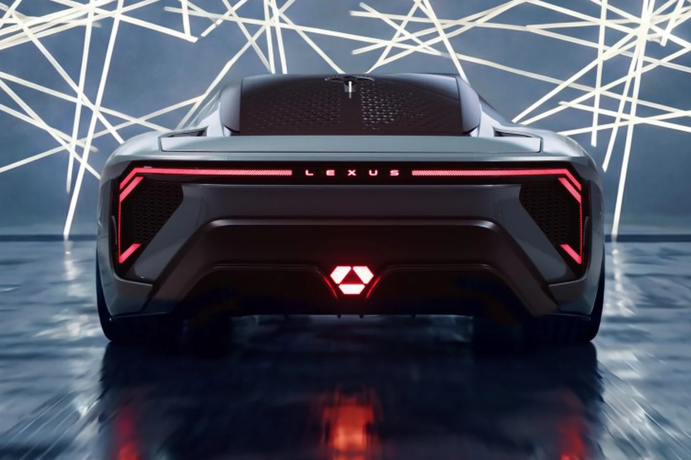 Nowoczesny samochód marki Lexus widziany od tyłu z wyrazistymi światłami LED, futurystycznym designem nadwozia oraz efektownym, geometrycznym tłem z jasnymi liniami.