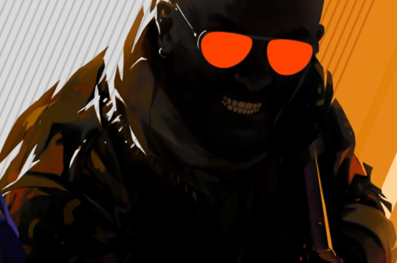 Counter-Strike 2 Ciemna, zarysowana postać w okularach przeciwsłonecznych o jaskrawych szkłach, z wyeksponowanymi zębami w uśmiechu, ubrana w kurtkę, na tle geometrycznych pasów w pomarańczowych i szarych kolorach.
