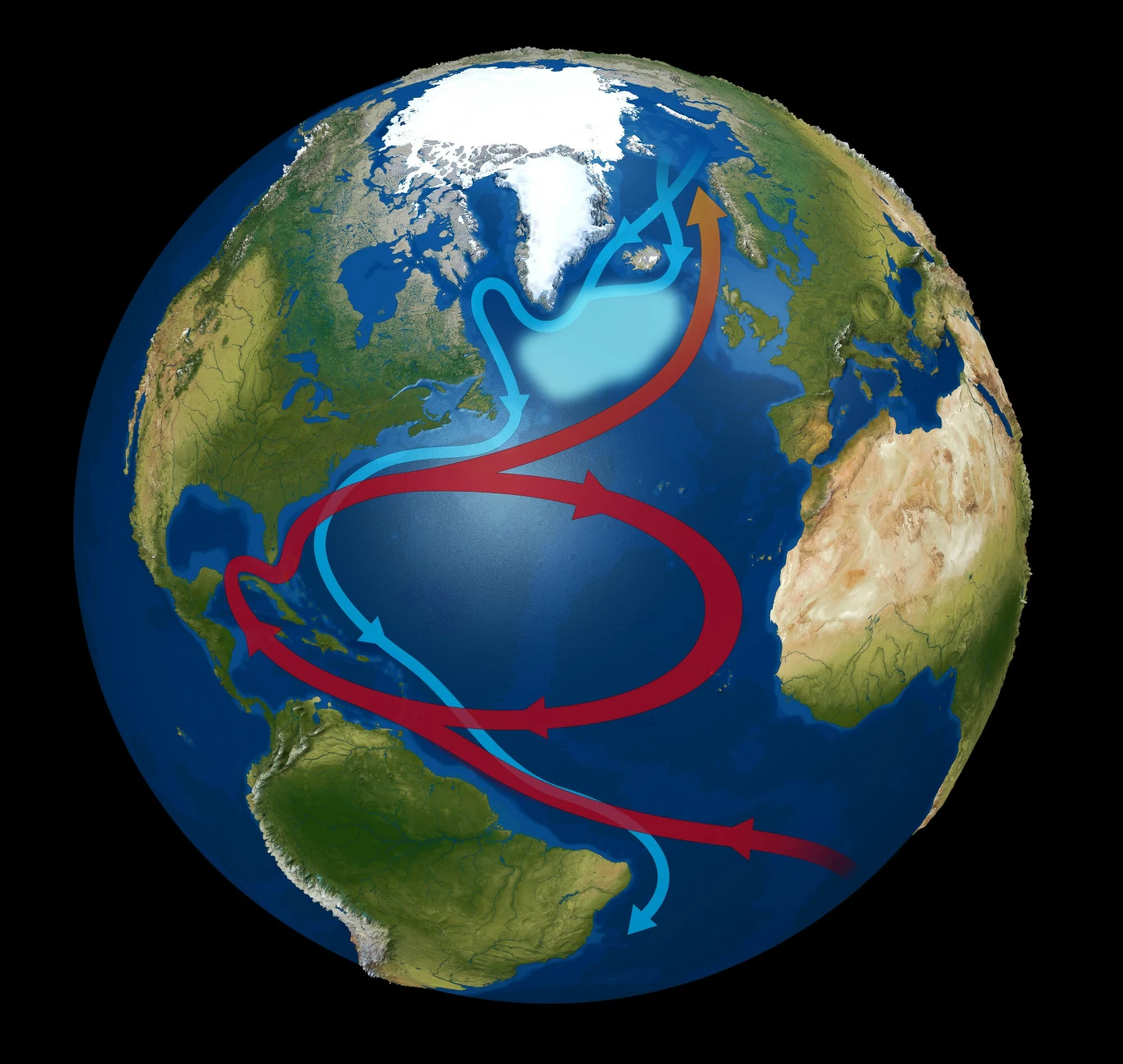 Mapa świata ukazująca prądy oceaniczne w Atlantyku, oznaczone strzałkami w różnych kolorach, ilustrujące ruch ciepłych i zimnych mas wody wokół północnego Atlantyku, Europy, Afryki oraz Ameryki Północnej.