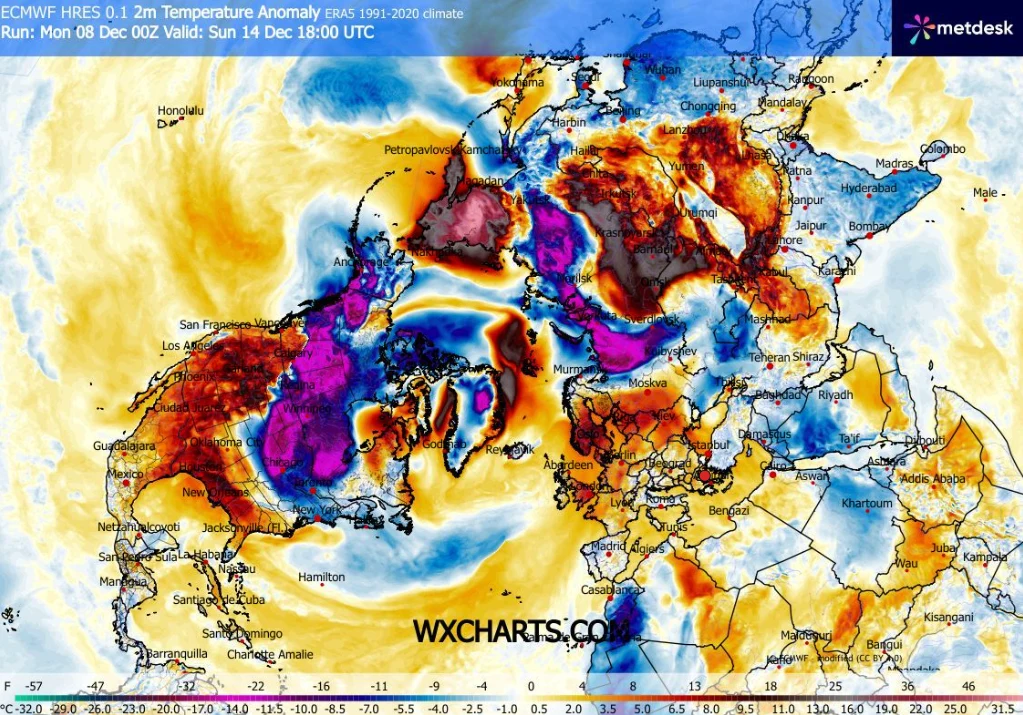 Mapa anomalii temperatury z rozróżnieniem kolorystycznym wskazującym odchylenia od średniej w Europie, północnej Azji i Ameryce Północnej, z najbardziej zauważalnymi ekstremami w odcieniach fioletu i czerwieni na północy oraz w centrum kontynentów.