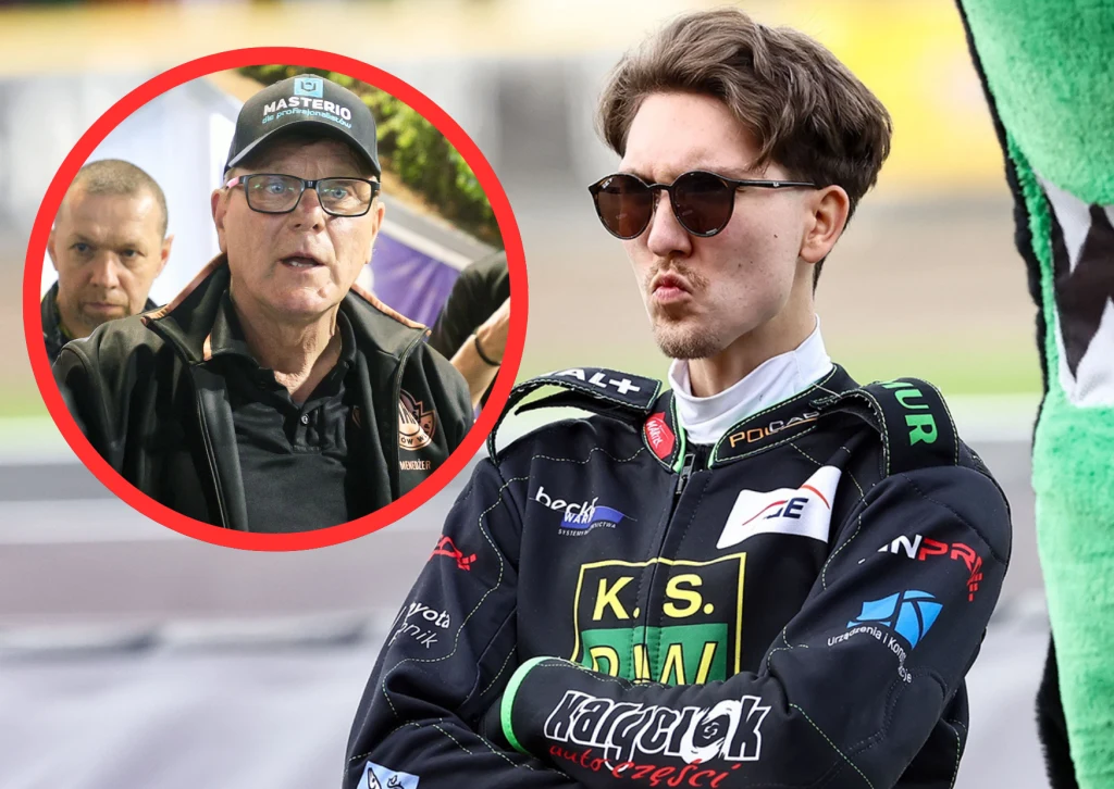 Tego Stanisław Chomski się nie spodziewał. W żużlu widział prawie wszystko, ale brak odbierania telefonów od selekcjonera to nowość Młody mężczyzna w charakterystycznym kombinezonie żużlowym z założonymi rękami stoi na tle toru, u jego boku fragment maskotki. W okrągłym kadrze wstawiona jest twarz starszego mężczyzny w czapce z daszkiem oraz osoby stojącej za nim.