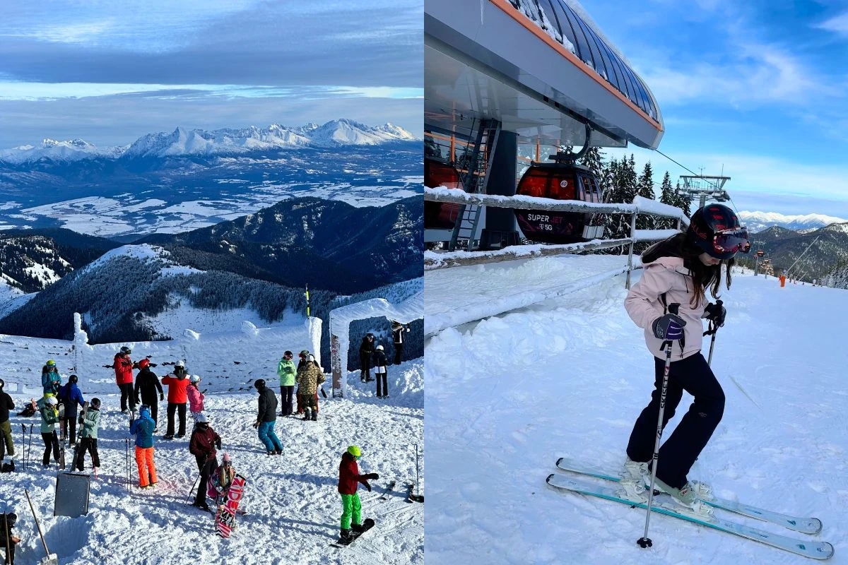Tłum narciarzy czekających na górskiej stacji narciarskiej z panoramą ośnieżonych szczytów w tle oraz osoba ucząca się jazdy na nartach tuż obok kolejki linowej, przy pięknej, słonecznej pogodzie.