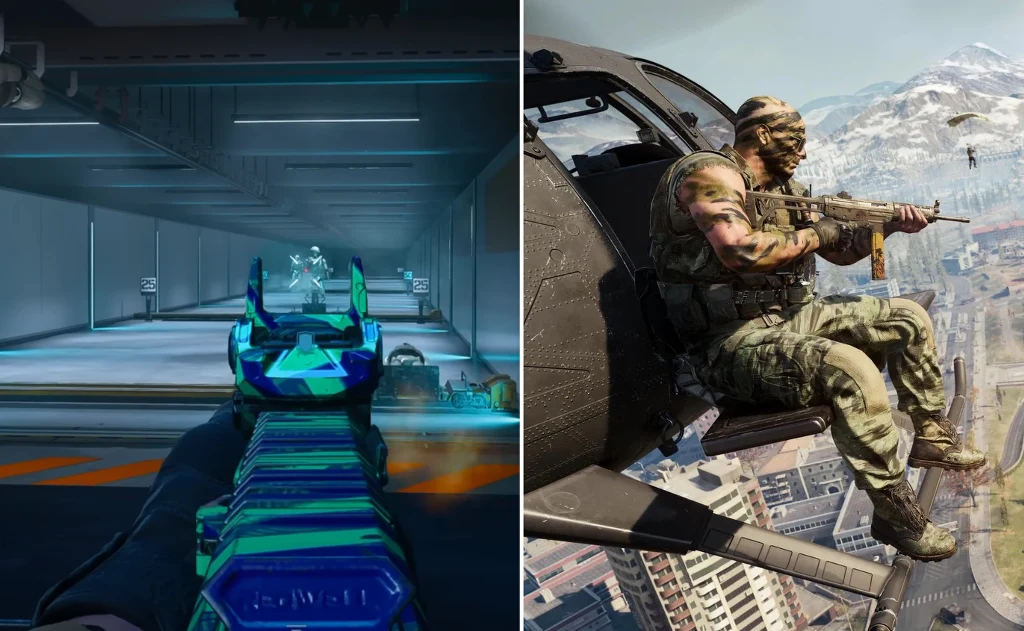 DS20 Mirage Po lewej stronie widok z perspektywy pierwszej osoby skierowany na celowniki karabinu maszynowego, w nowoczesnym środowisku przypominającym symulator lub grę wideo, po prawej żołnierz w mundurze siedzący na krawędzi śmigłowca i trzymający broń z panora...