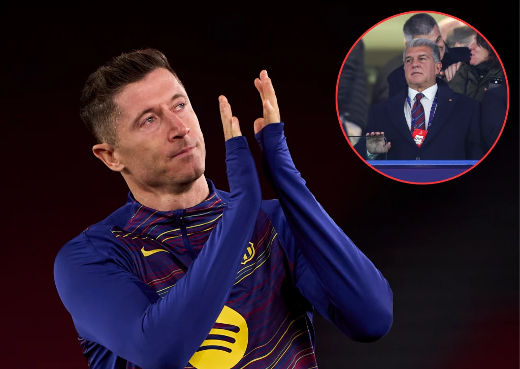 Robert Lewandowski i Joan Laporta Piłkarz w koszulce FC Barcelony bije brawo, patrząc w górę, natomiast w okrągłym wstawionym kadrze znajduje się mężczyzna w garniturze z identyfikatorem na szyi, stojący wśród innych osób na trybunach.