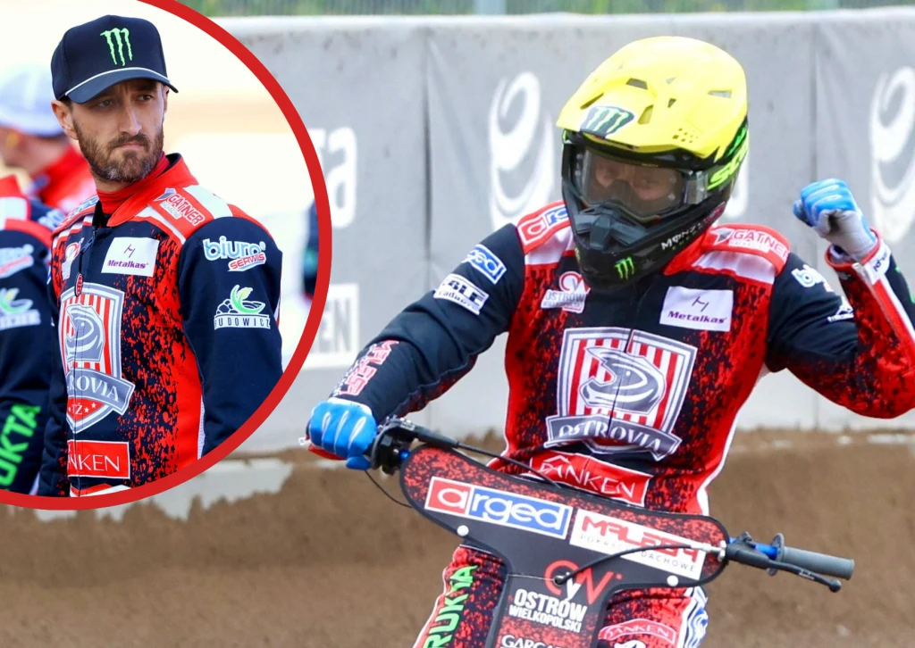 Zawodnik żużlowy w czerwono-czarno-niebieskim kombinezonie z żółtym kaskiem jedzie motocyklem po torze, unosząc zaciśniętą pięść w geście triumfu. W okrągłej ramce po lewej stronie widoczna jest sylwetka tego samego zawodnika w stroju sportowym, patrzą...