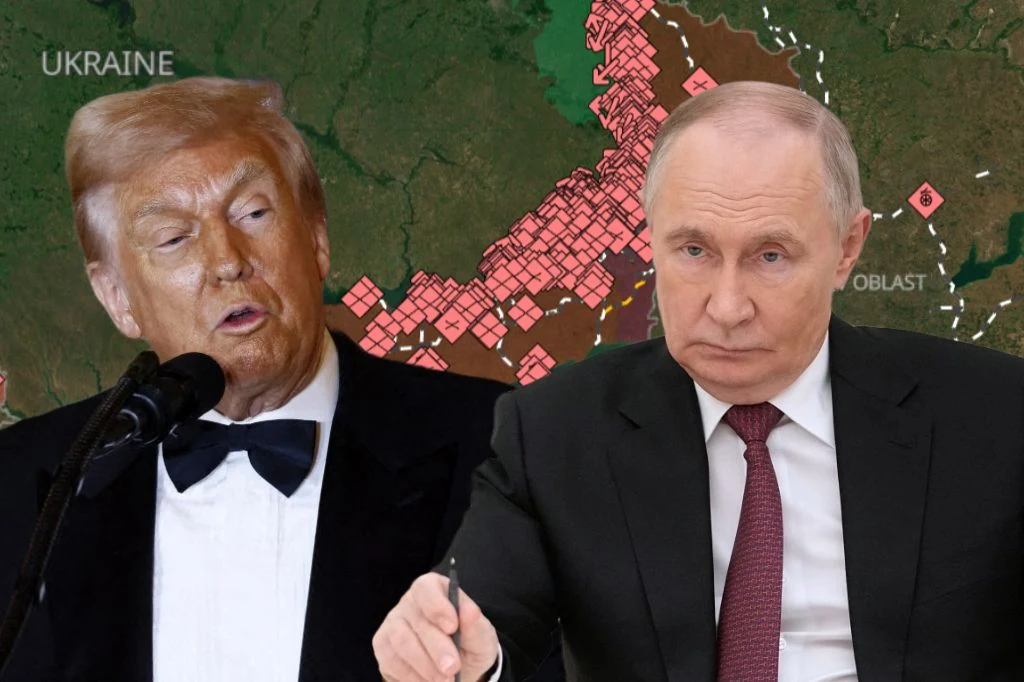 Wojna na Ukrainie. Ekspert: Rosja ma dość pieniędzy, by walczyć dalej Portrety dwóch znanych polityków na tle mapy ilustrującej konflikt zbrojny w Europie Wschodniej, postacie z poważnymi wyrazami twarzy, jeden ubrany elegancko w smoking, drugi formalnie w garniturze.