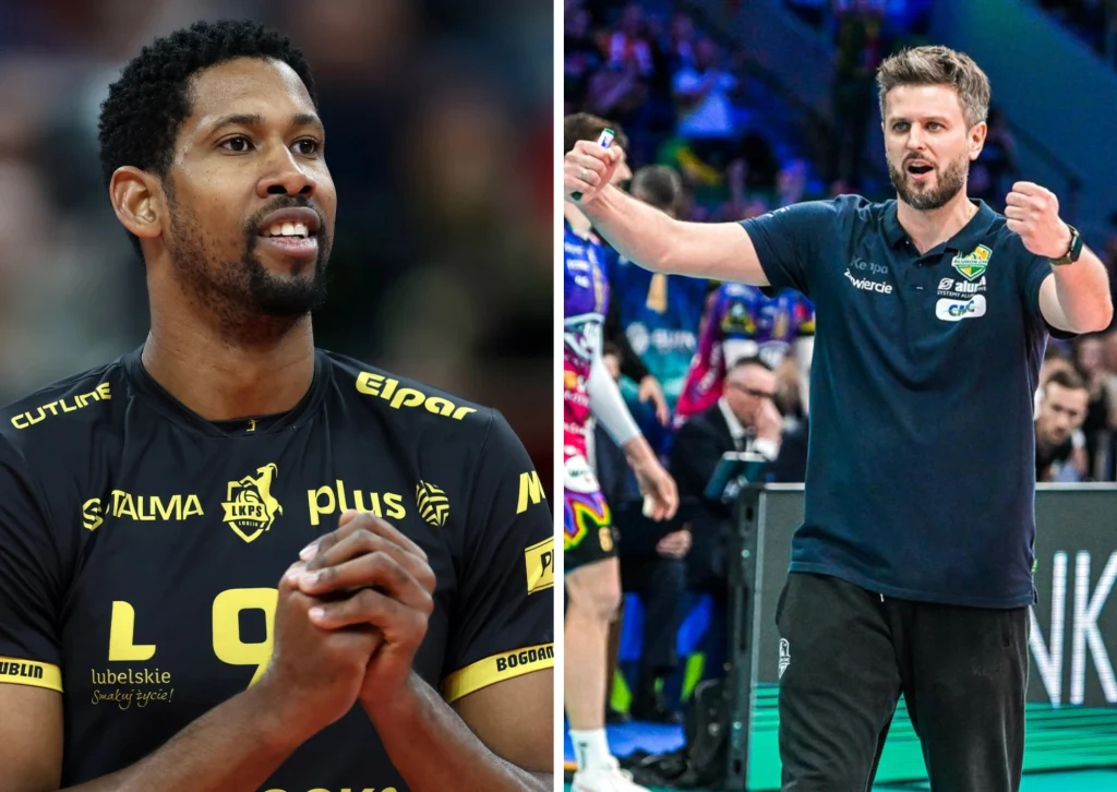 Wilfredo Leon pomoże Bogdance LUK Lublin w debiutanckim sezonie w Lidze Mistrzów. Aluron CMC Warta Zawiercie Michała Winiarskiego również celuje wysoko Dwóch mężczyzn w sportowych strojach, po lewej siatkarz w czarno-żółtym stroju z dłońmi złożonymi przed sobą, po prawej trener w niebieskim polo z uniesionymi rękoma na hali sportowej.