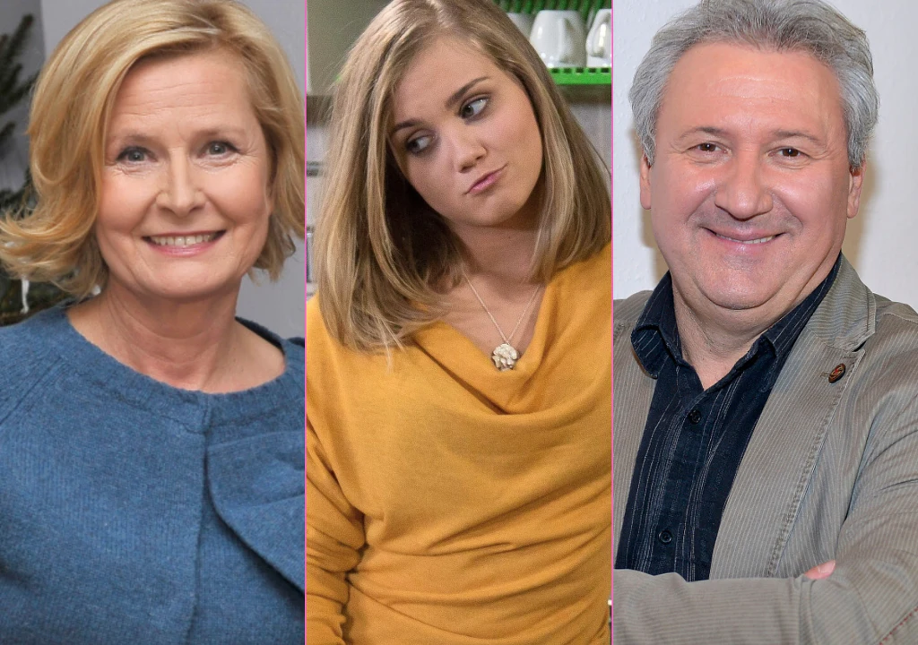 Klan - Barbara Bursztynowicz, Agnieszka Kaczorowska, Andrzej Grabarczyk Trzy osoby na neutralnym tle, po lewej kobieta w niebieskim swetrze z jasnymi włosami, pośrodku młoda kobieta w musztardowej bluzie z długimi blond włosami, po prawej mężczyzna w marynarce i ciemnej koszuli z siwymi włosami.